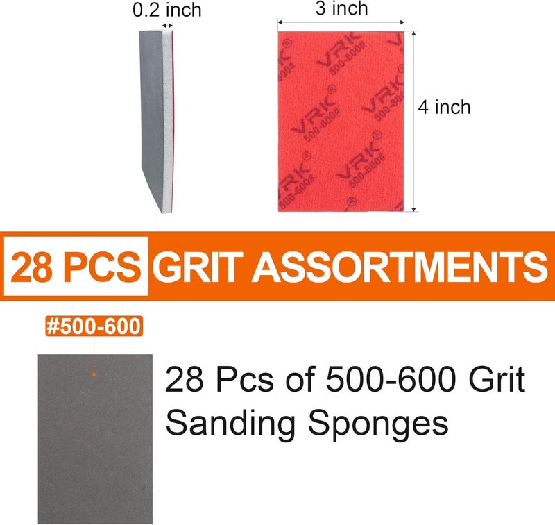 VRKET 28 Pcs 500-600 Grit Sanding Sponge,Ultra Fine Sandpaper,Soft Foam Hand Sander Block Wet Dry Sanding Pads for Automobile Wood Furniture Metal Drywall Polishing - Image 2
